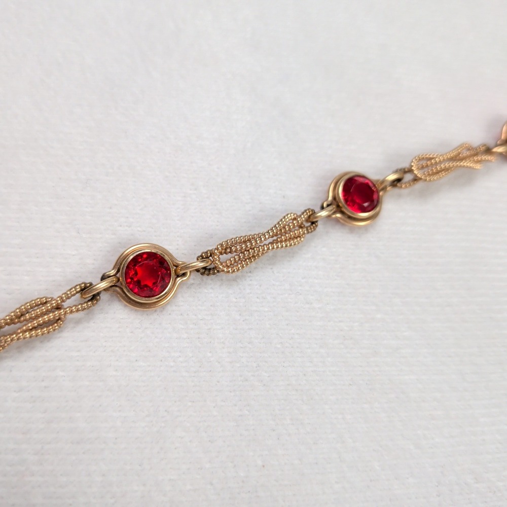 Vintage Sturdy 1/20 12K Gold Filled Red Rhinestone Link Bracelet 7 Inch